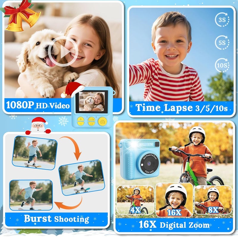 JPVERLY Instant Print Camera for Kids, 1080P Digital Kids Camera, Christmas Birthday Gift for 3-12 Years Old Girls & Boys, Portable Toy with 32GB SD Card & 3 Rolls Printing Paper (Blue Pro) - Image 5